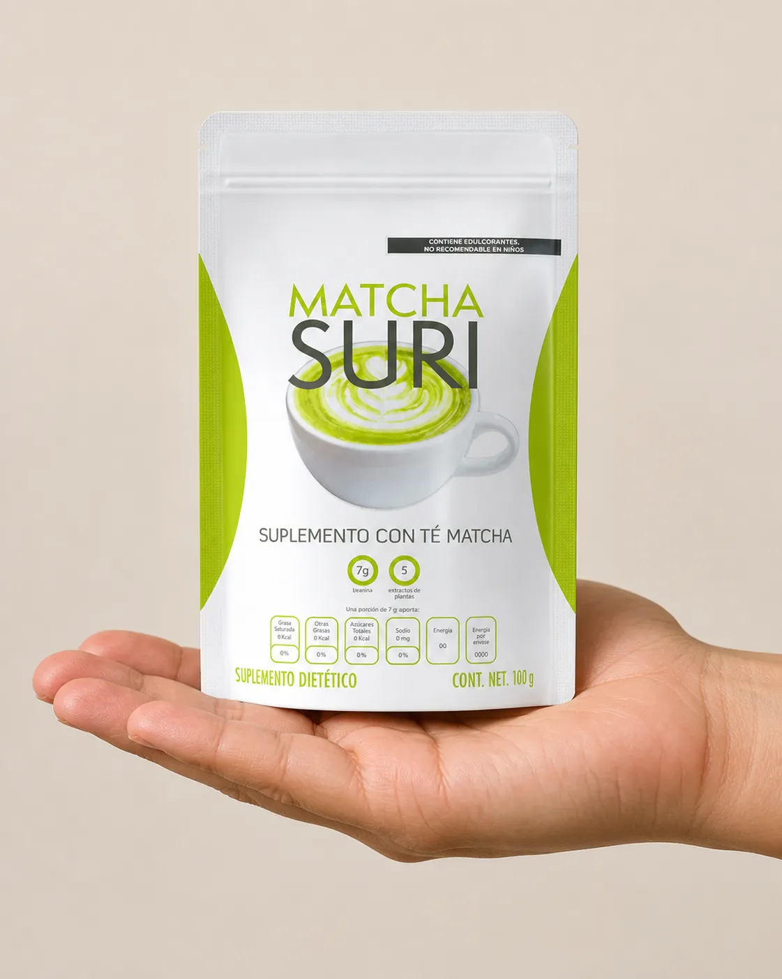Matcha Suri — the package held in a hand