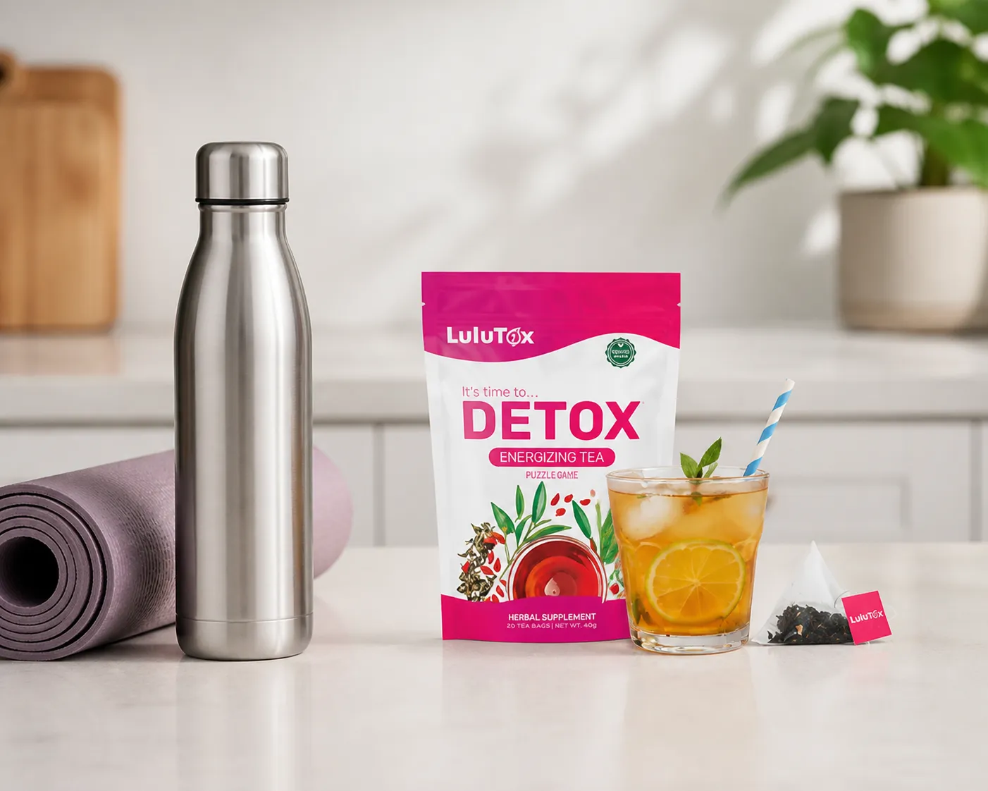 Lulutox Detox Tea — the package in everyday use